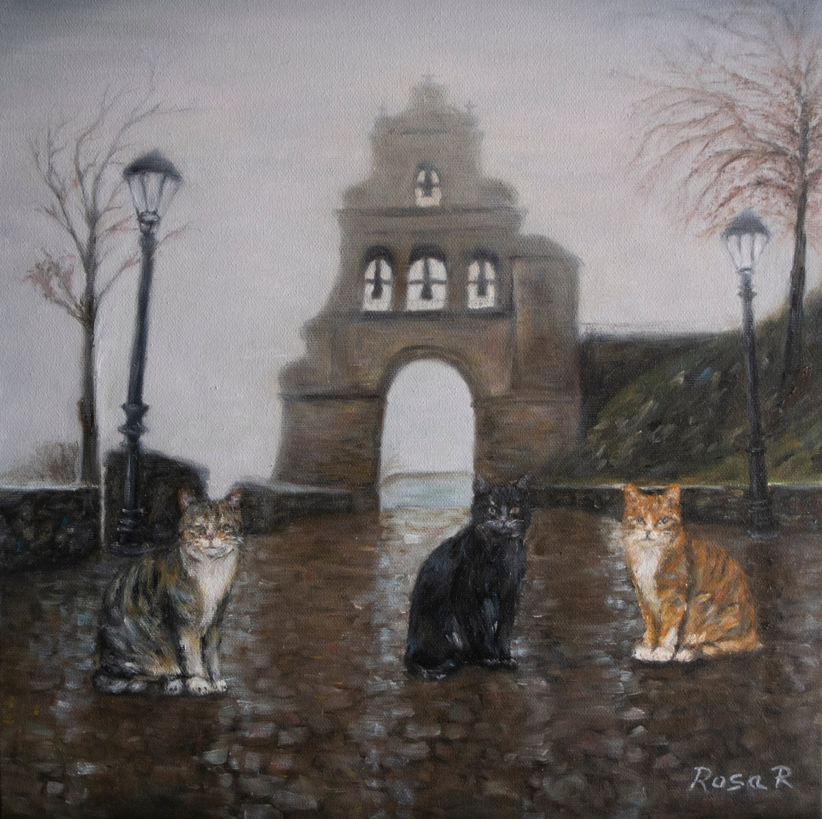 An oil painting by Rosa R depicting three cats sitting on a stone path in front of a historic stone archway and bell tower under a misty sky.