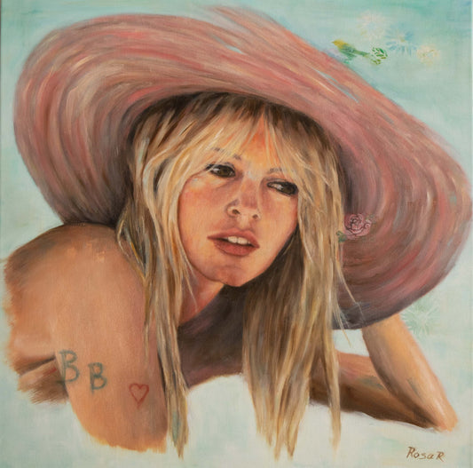 An Oil portrait of Brigitte Bardot with a pink hat, blonde hair, and a pale blue background. 