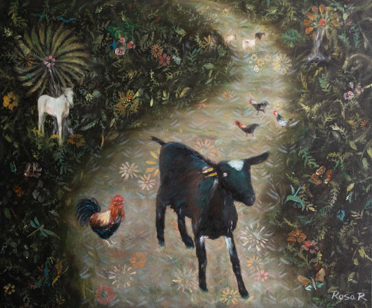 An oil painting depicting a dark goat in the center of a path surrounded by lush green foliage, a white goat on the left, a rooster, and several chickens, with a glowing light at the end of the path. Signed 'Rosa R.