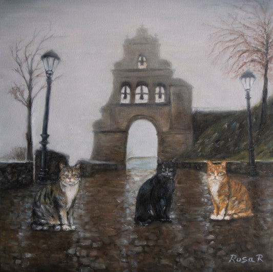 An oil painting by Rosa R depicting three cats sitting on a stone path in front of a historic stone archway and bell tower under a misty sky.