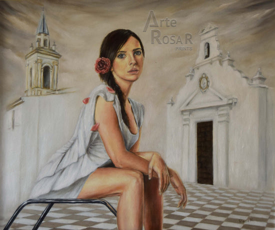 A print of an oil painting featuring a woman seated on a bench with an Andalusian church in the background and a floral motif on her clothing.