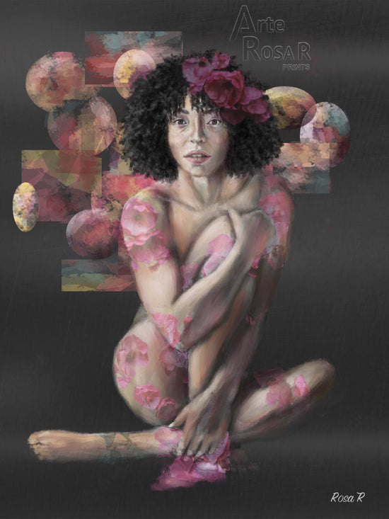 A digital painting of a female figure with floral patterns on and around her, with a black and grey background.