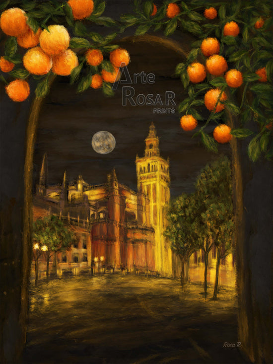 Digital painting of a night view of Sevilla, Spain, featuring a cathedral and a bell tower with surreal orange trees backdrop.