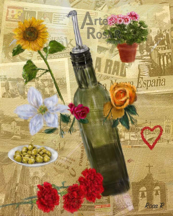 A digital painting featuring a collage of floral elements and Spanish-themed items such as a olive oil bottle and olives, with a prominent use of color and a representational style.