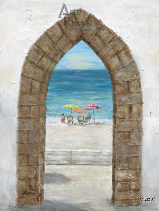 A digital painting of a beach scene of Rota, Spain through an arched doorway, with the ocean on the other side, featuring umbrellas and beach chairs.